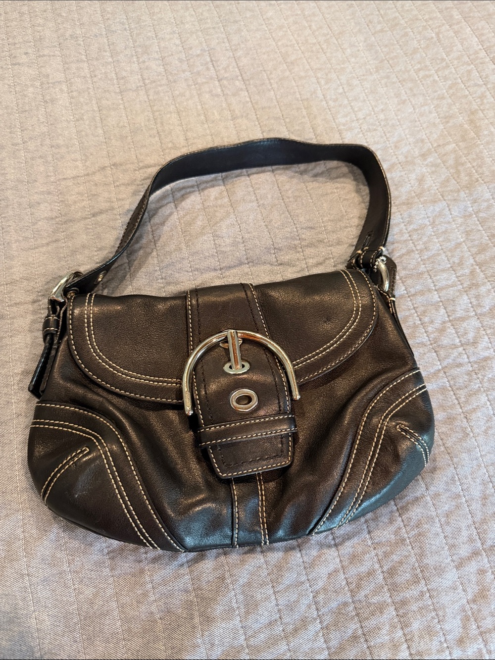 Coach Black Leather Shoulder Bag with Silver Buckle